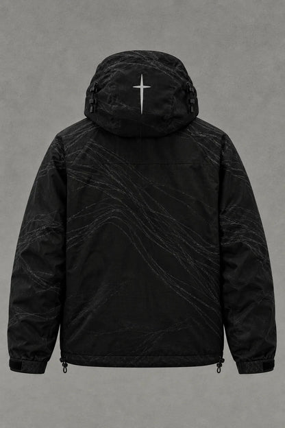 Back of the black shell with the reflective cross on the hood